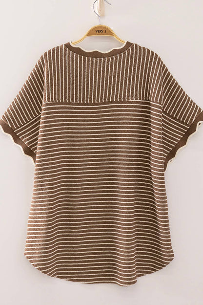 Scallop Trim Stripe Knit Top-Mocha Stripe