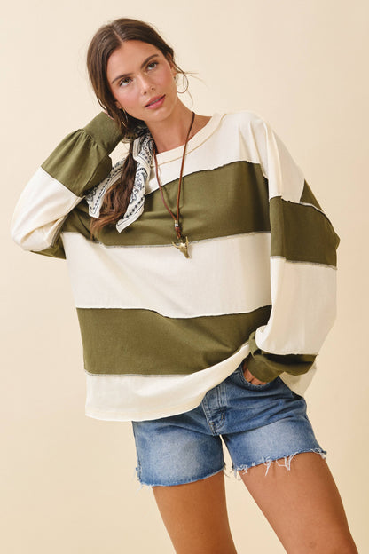 Oversized Color Block Long Sleeve Pullover-Butter Olive