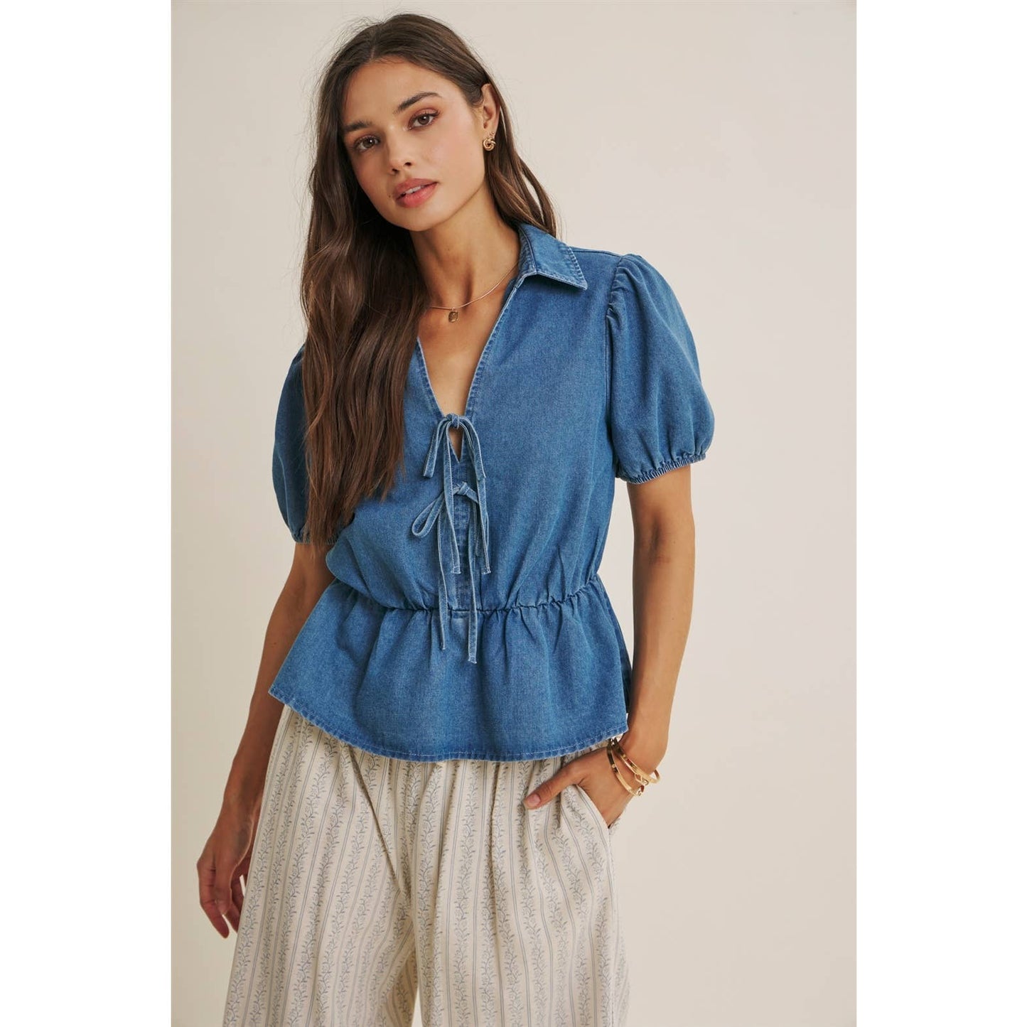 Chambray Denim Bow Blouse