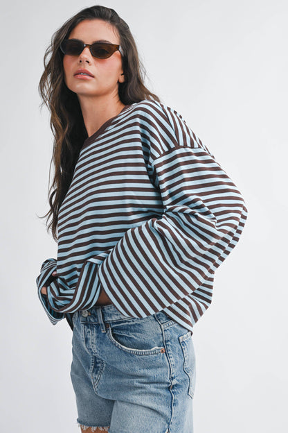 Olivia Oversized Stripe Long Sleeve Top-Chocolate