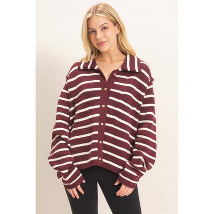 Striped Button Front Cardigan- Wine