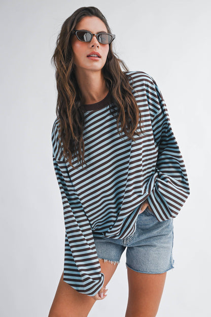 Olivia Oversized Stripe Long Sleeve Top-Chocolate