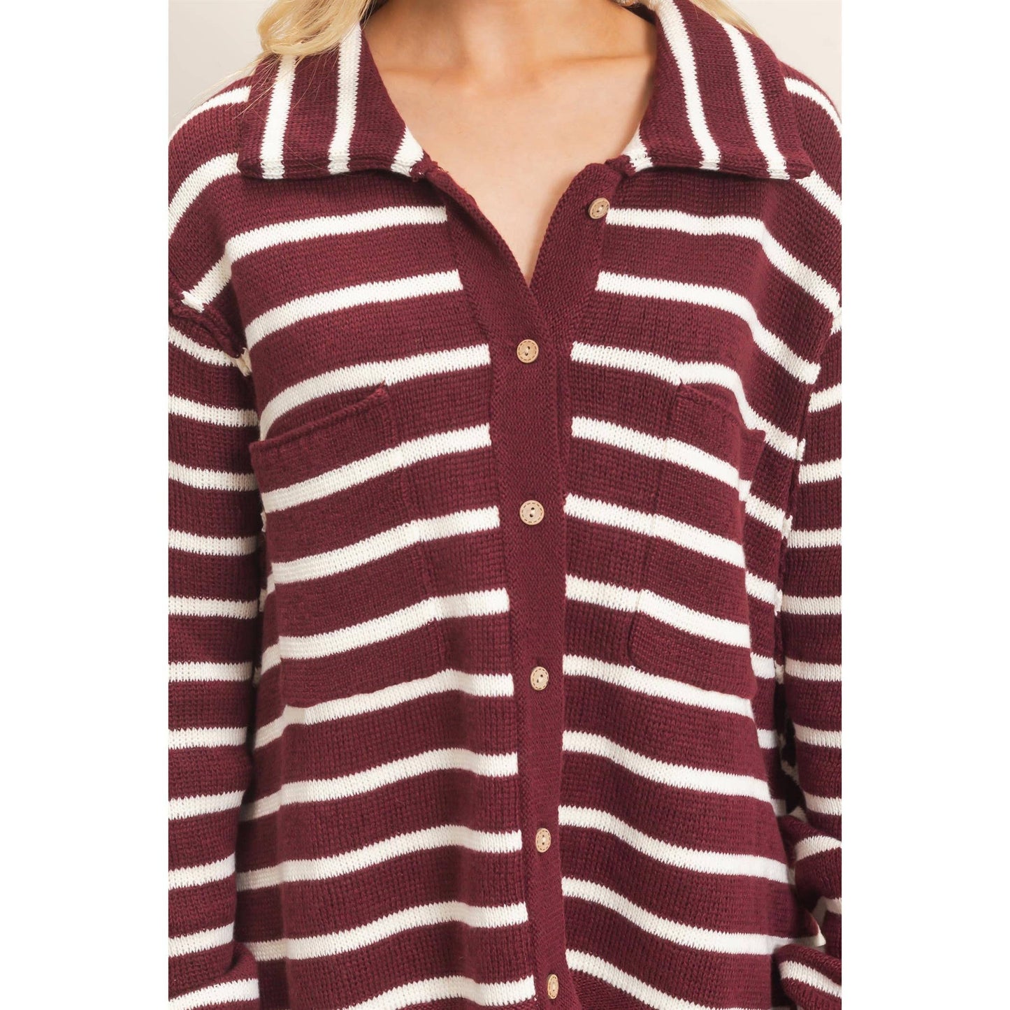 Striped Button Front Cardigan- Wine