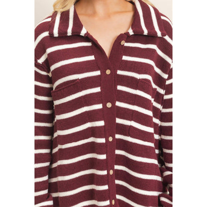Striped Button Front Cardigan- Wine