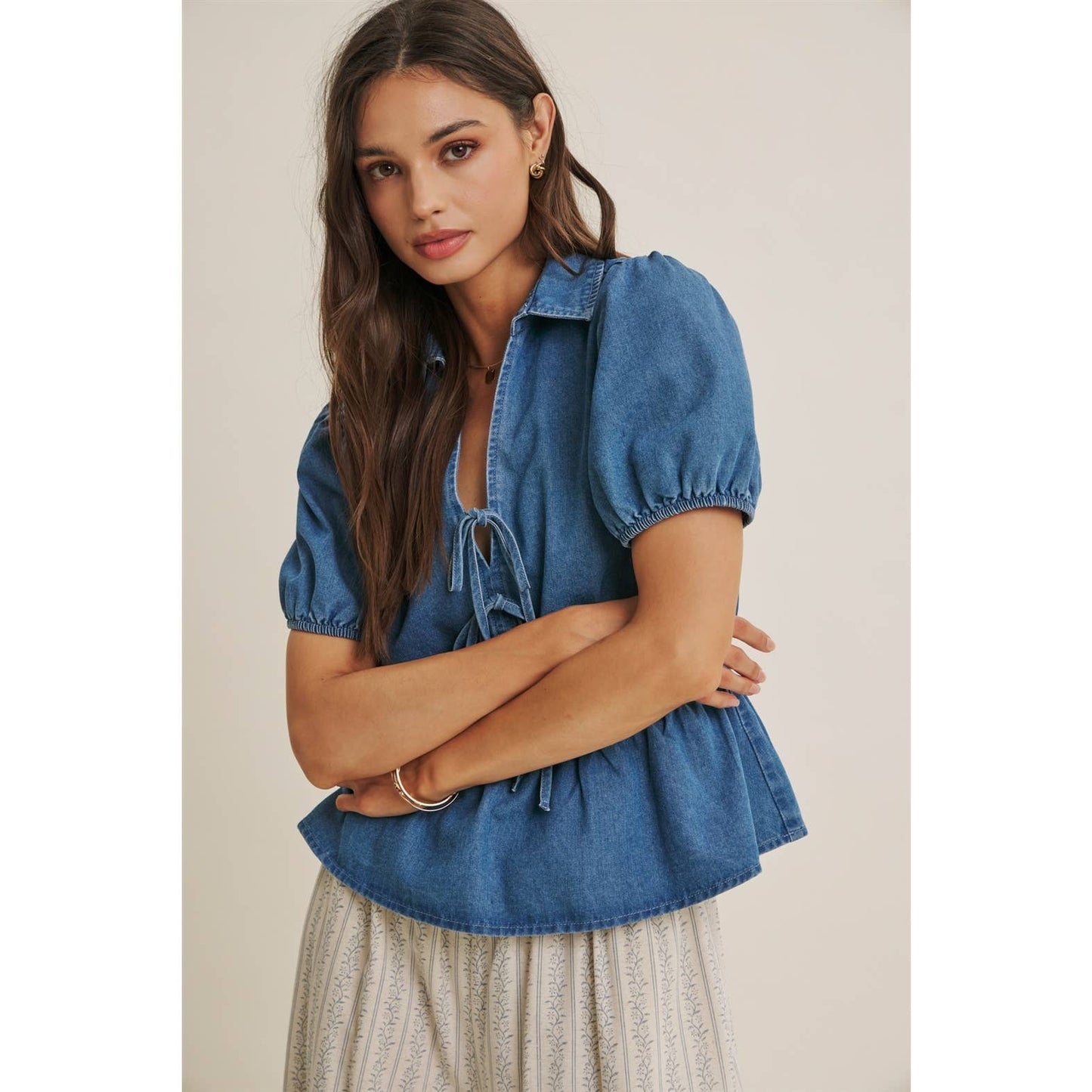 Chambray Denim Bow Blouse
