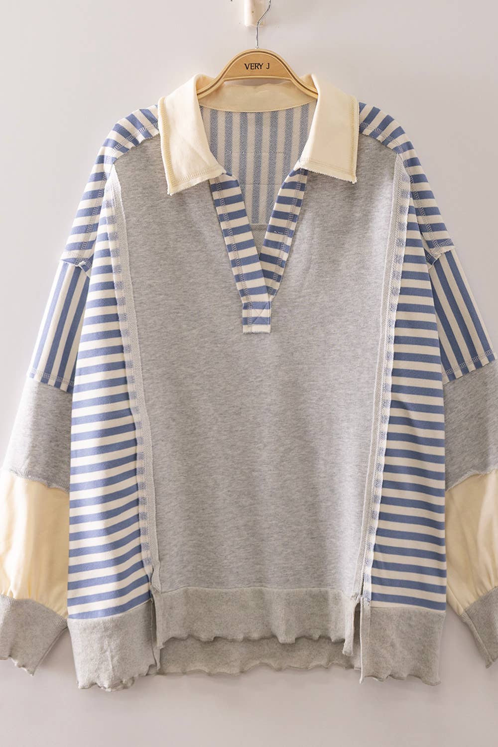 Vintage Stripe Rugby Sweatshirt-Heather Grey