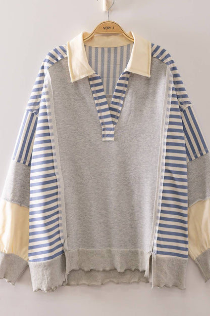 Vintage Stripe Rugby Sweatshirt-Heather Grey