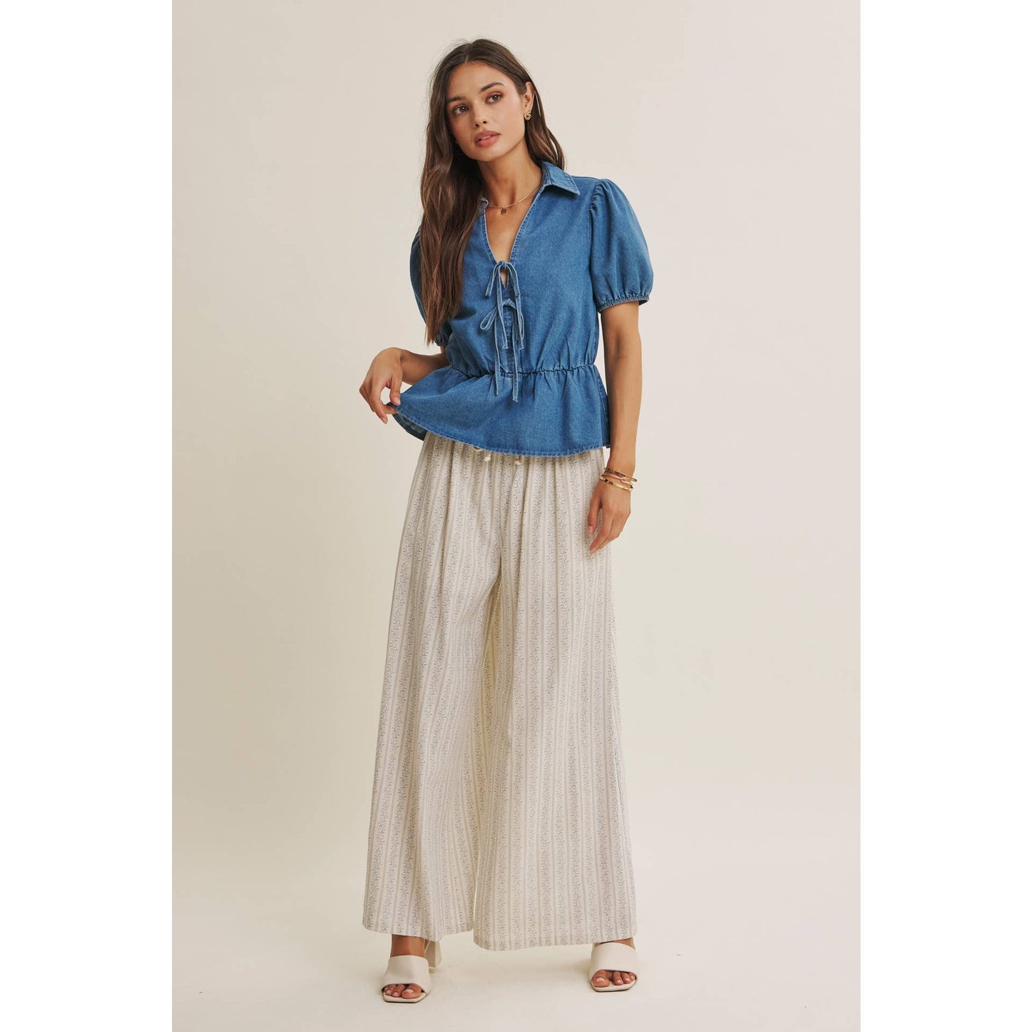 Chambray Denim Bow Blouse