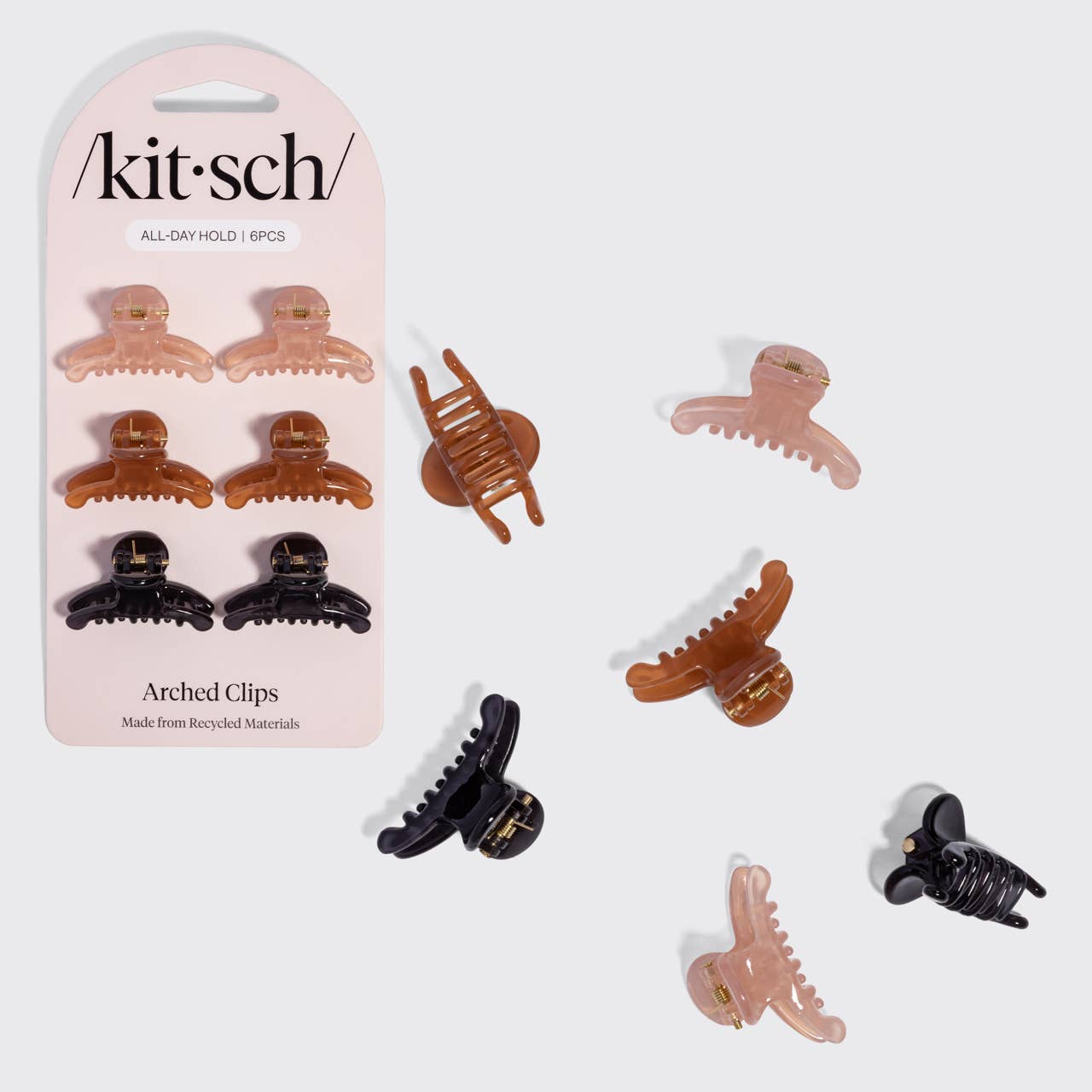 Recycled Plastic Mini Arched Clips 6pc Set - Soft Pink, Mocha & Black