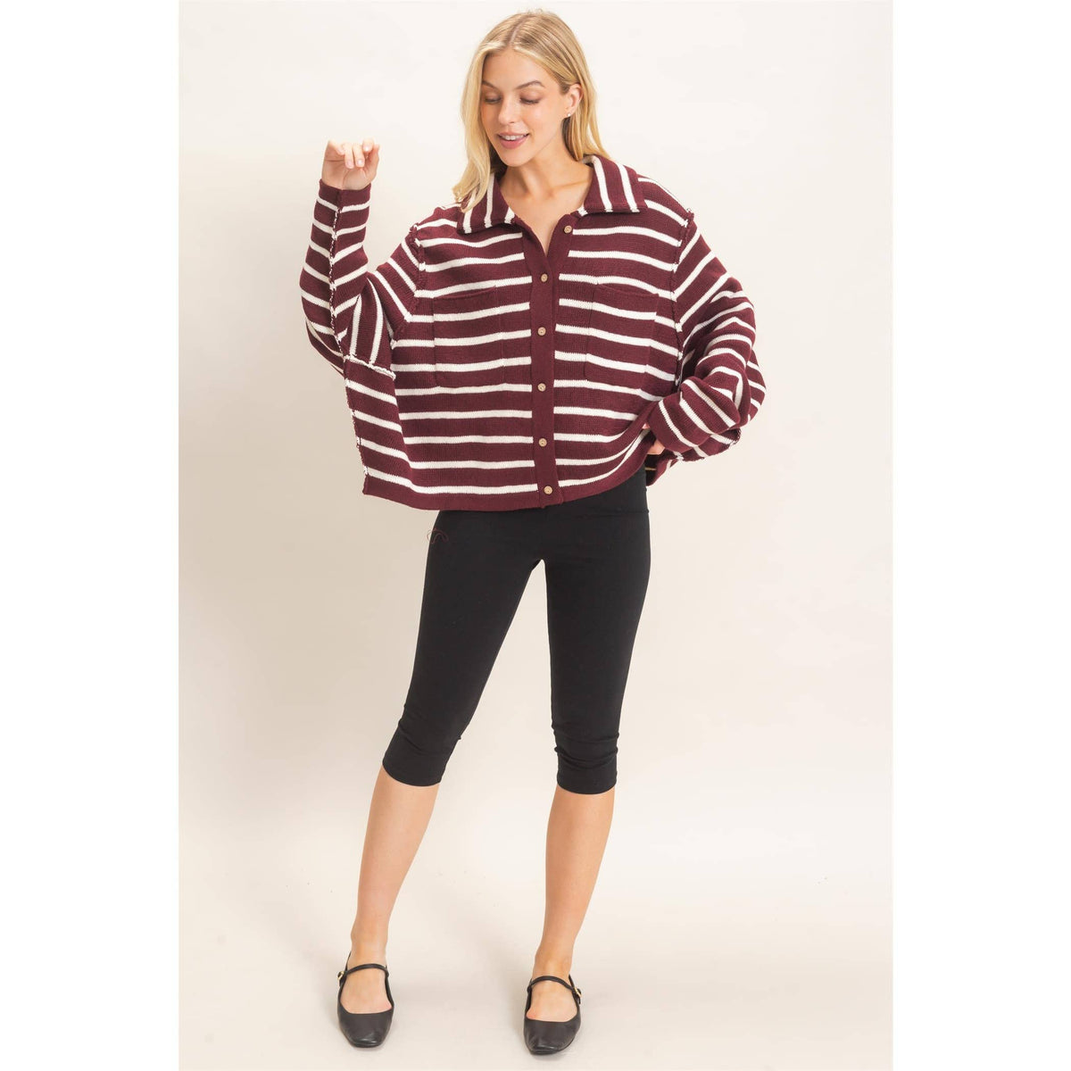 Striped Button Front Cardigan- Wine