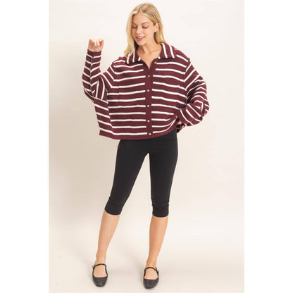 Striped Button Front Cardigan- Wine