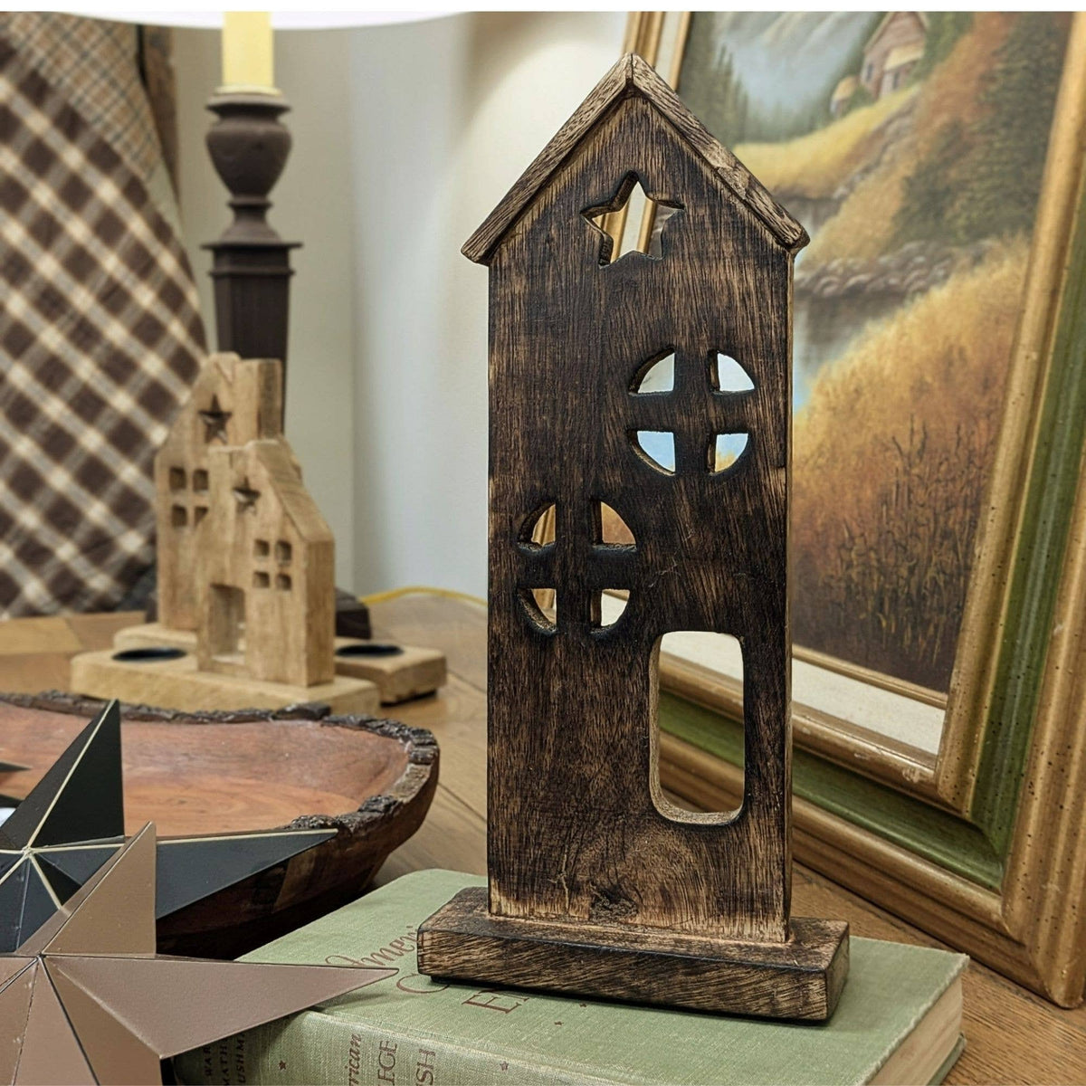 Wooden Saltbox House w/ Star Dark Brown 11.5x5x2