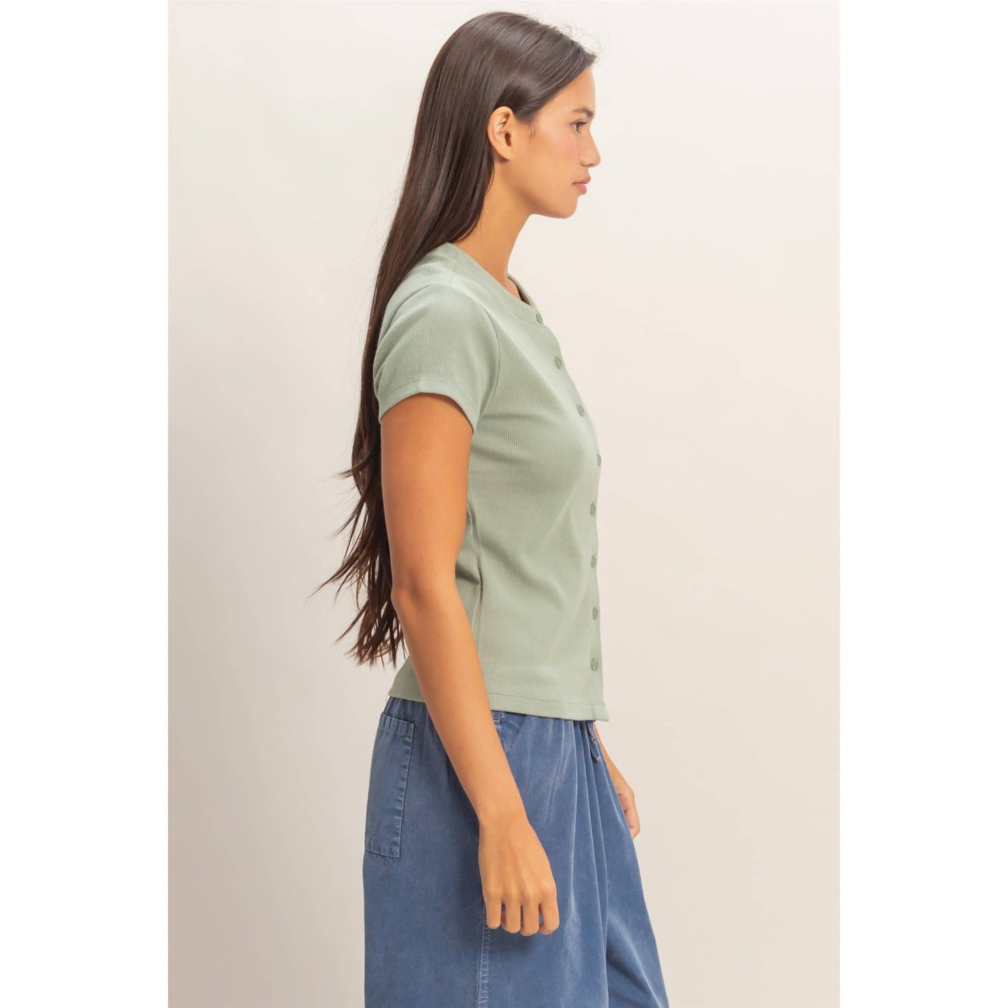 Ribbed Button-Front Crew Neck Top-Sage Green