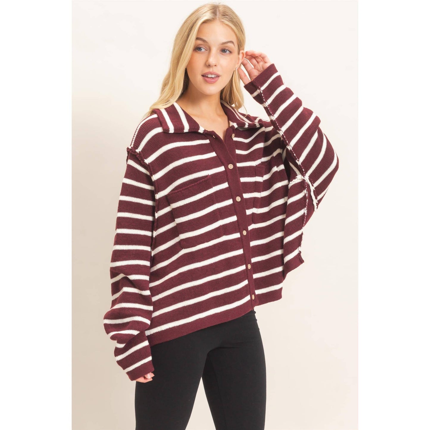 Striped Button Front Cardigan- Wine