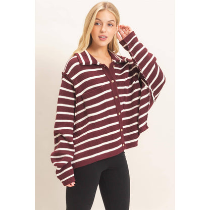 Striped Button Front Cardigan- Wine