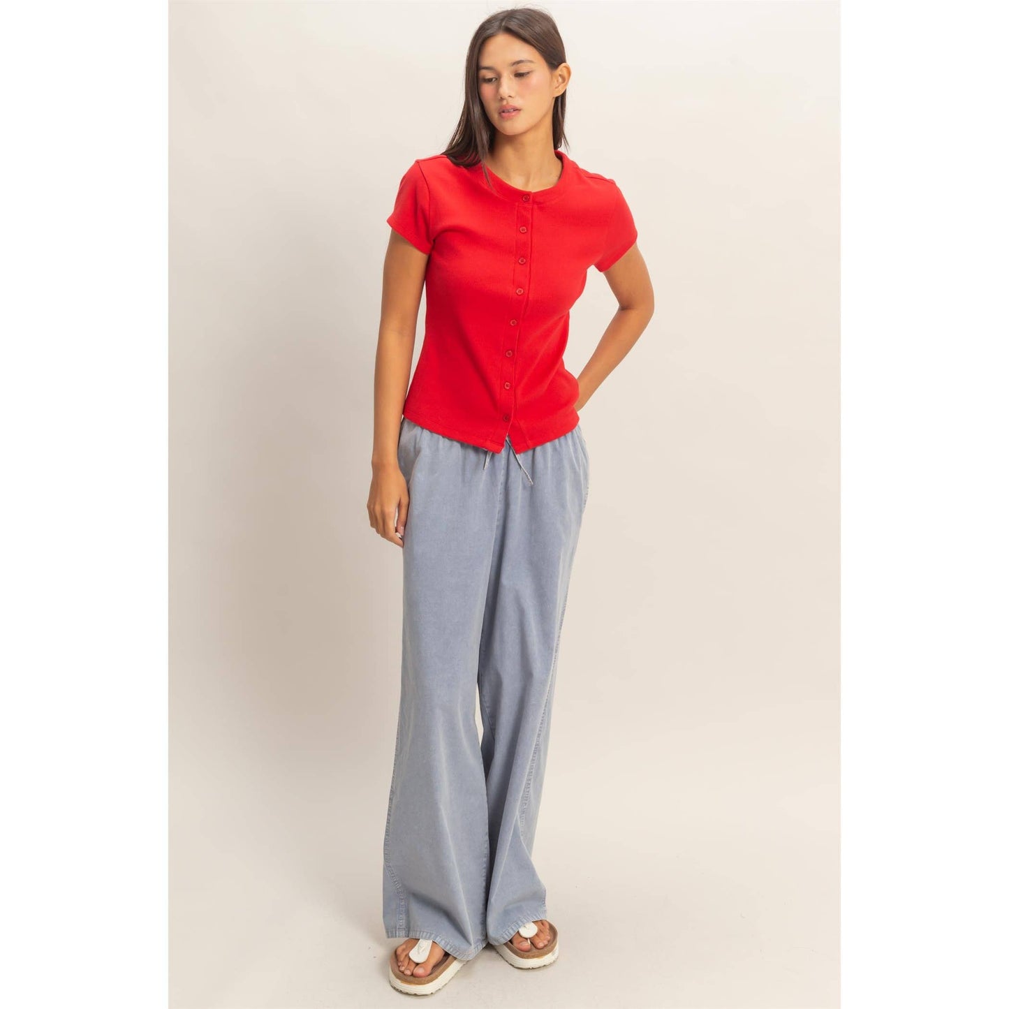 Ribbed Button-Front Crew Neck Top-Red