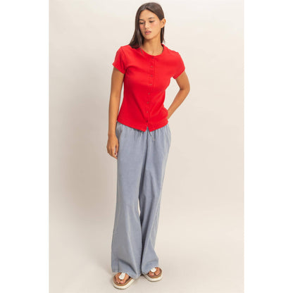 Ribbed Button-Front Crew Neck Top-Red