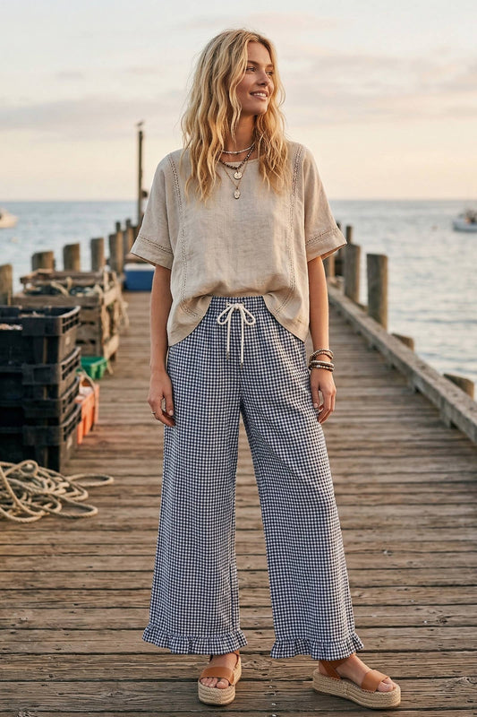 Checkered Gingham Fully Lined Pants-Navy