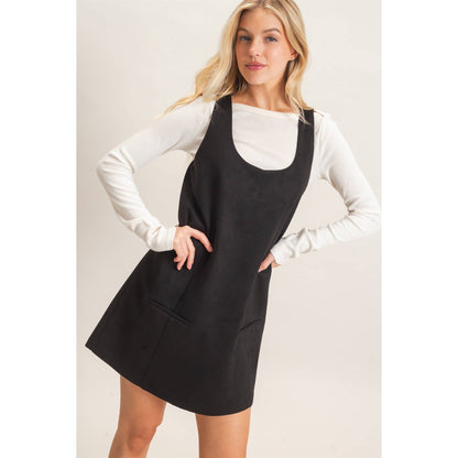 Sleeveless Suede Mini Dress-Black