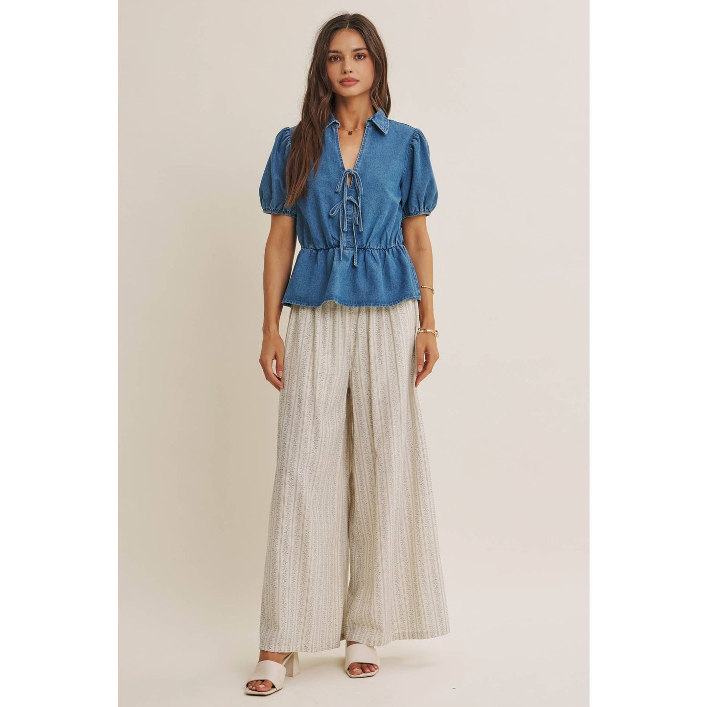 Chambray Denim Bow Blouse