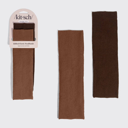 Recycled Fabric Ribbed Elastic Headbands 2pc Set - Mocha & Chocolate