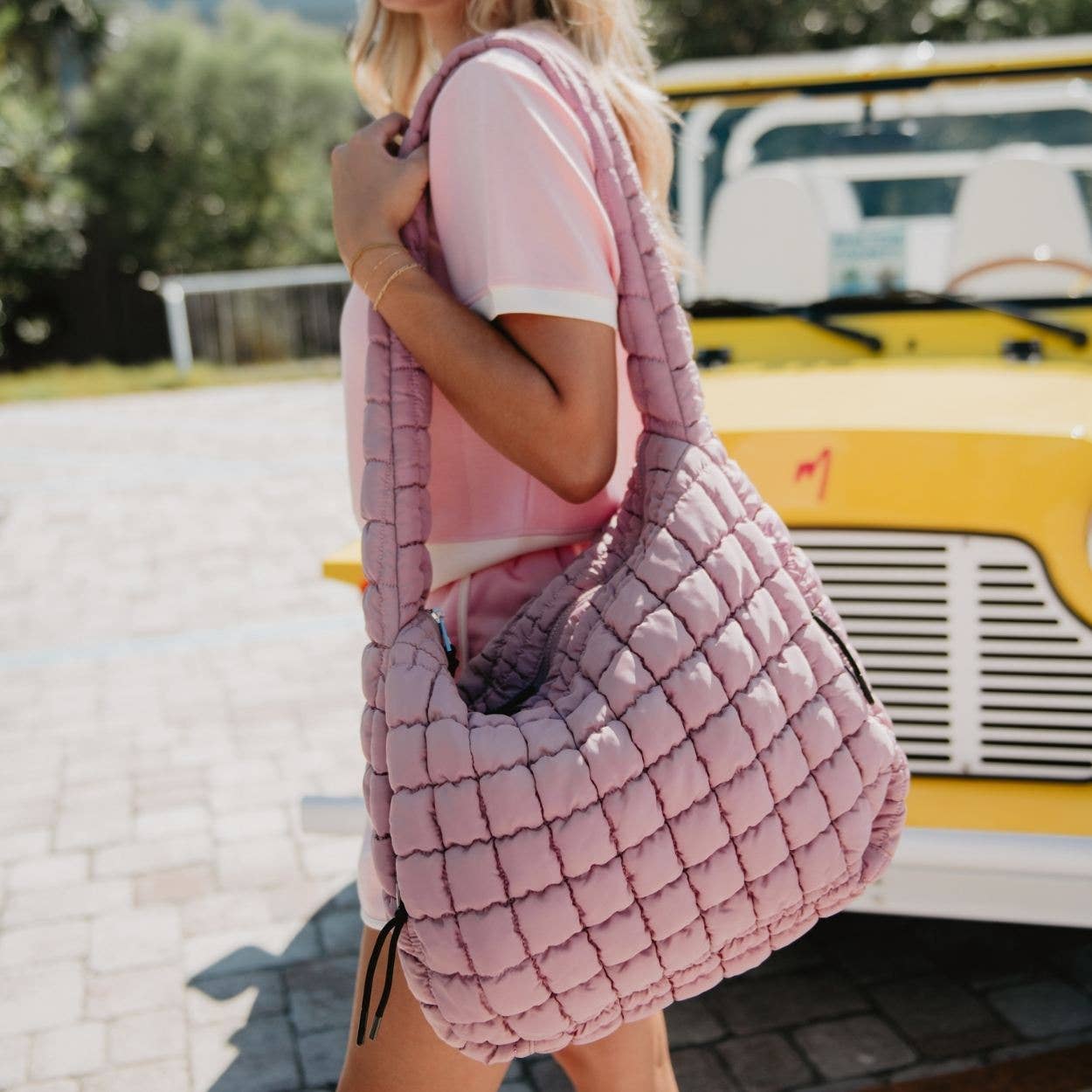 Mauve Oversized Quilted Hobo Tote Bag: Mauve