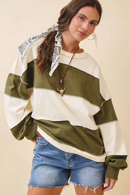 Oversized Color Block Long Sleeve Pullover-Butter Olive