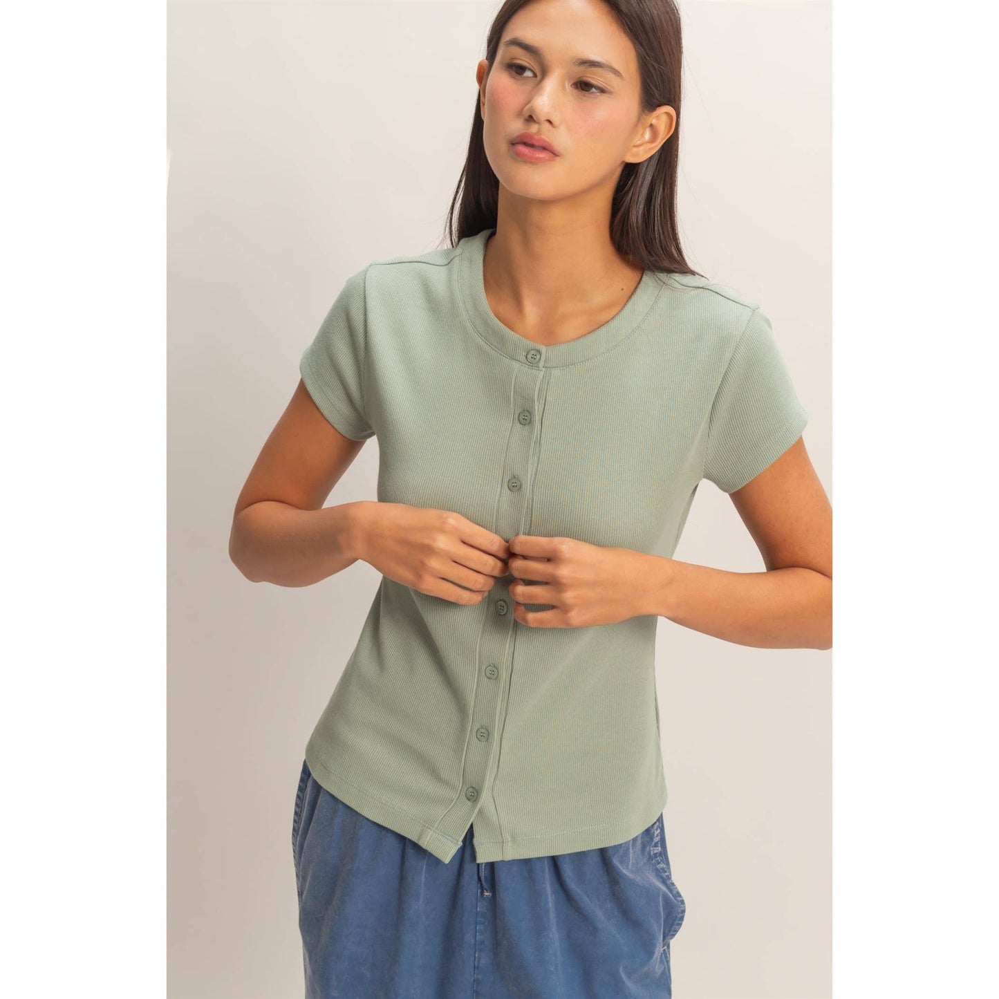 Ribbed Button-Front Crew Neck Top-Sage Green