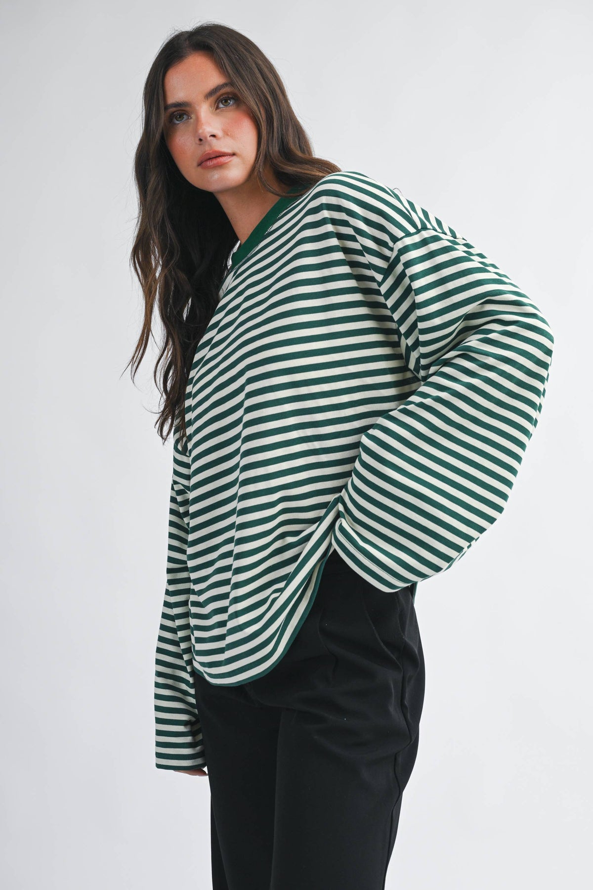 Olivia Oversized Stripe Long Sleeve Top-Green