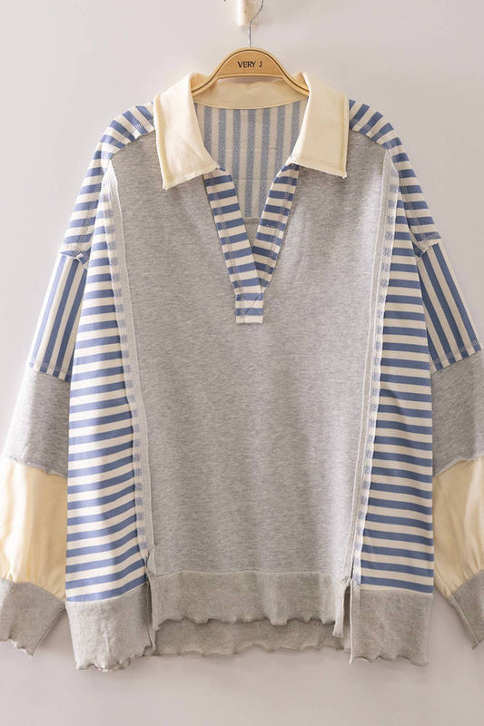 Vintage Stripe Rugby Sweatshirt-Heather Grey