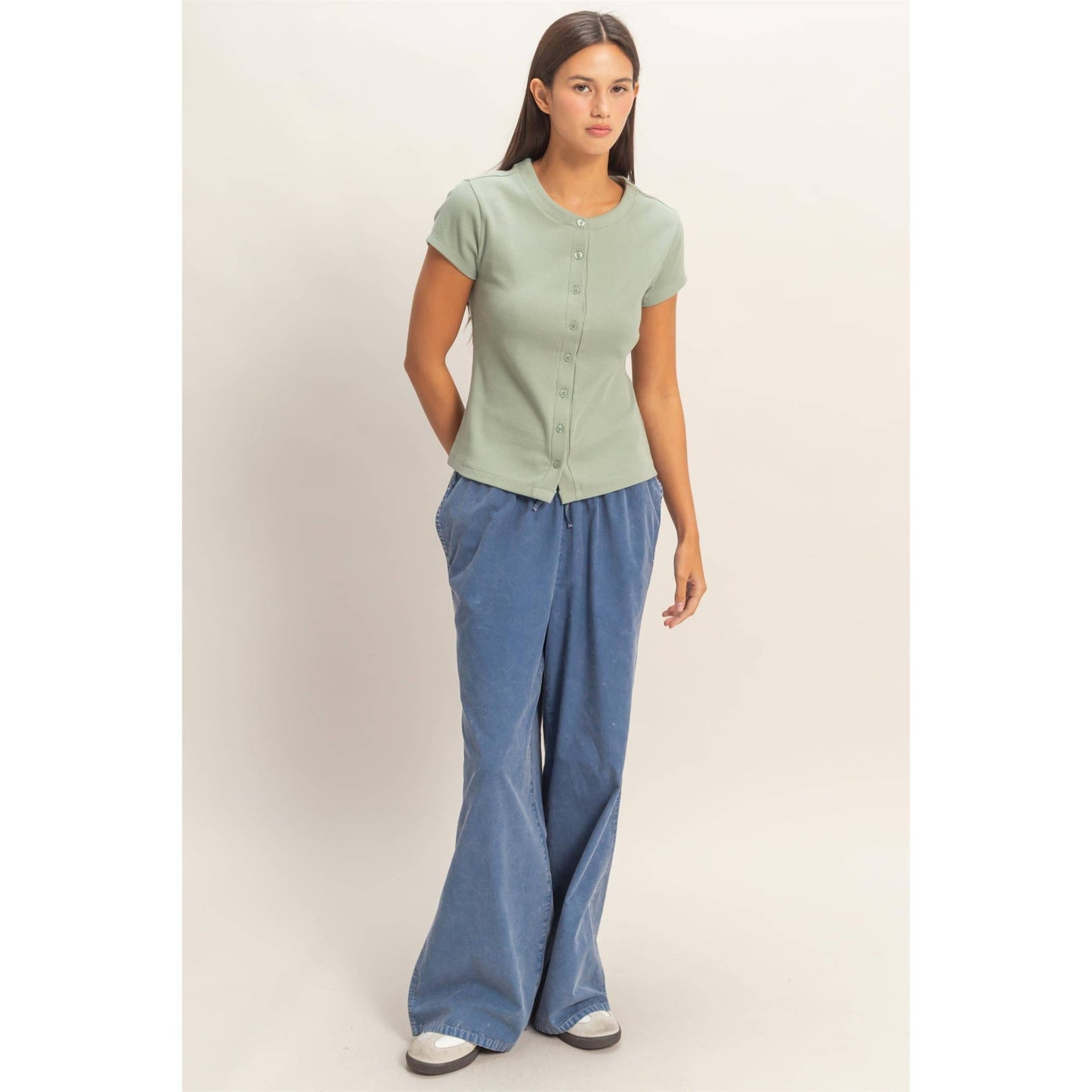Ribbed Button-Front Crew Neck Top-Sage Green