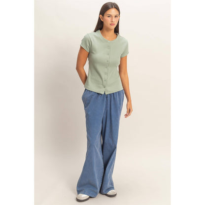 Ribbed Button-Front Crew Neck Top-Sage Green