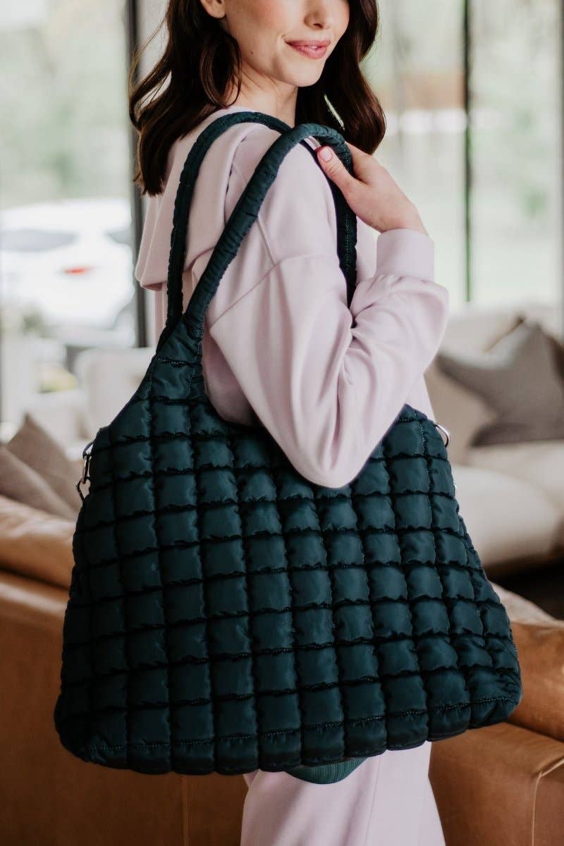 Forest Green Rectangular Quilted Puffer Tote