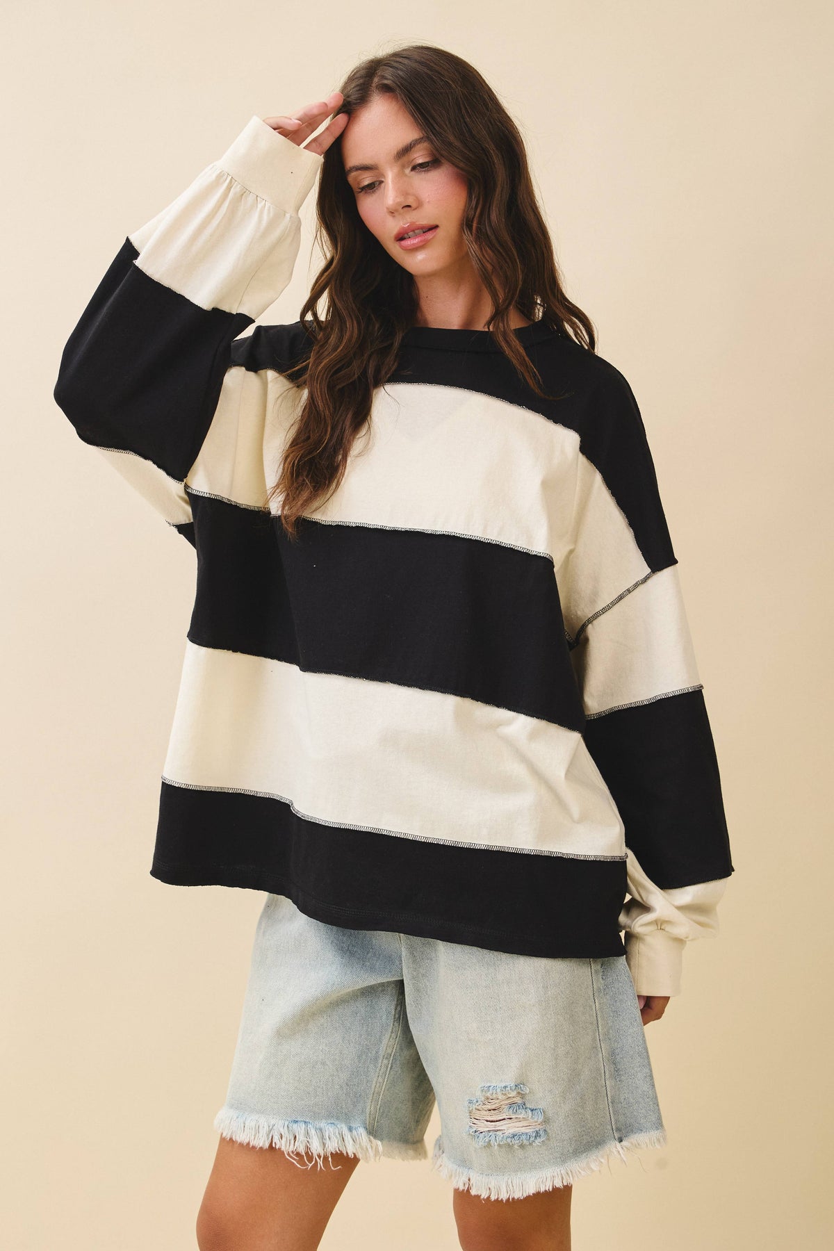 Oversized Color Block Long Sleeve Pullover- Black