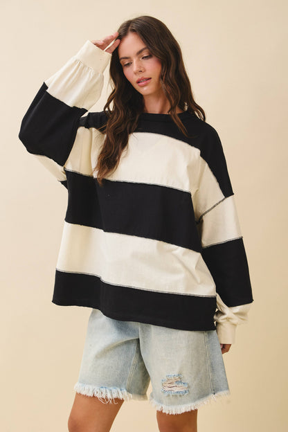 Oversized Color Block Long Sleeve Pullover- Black