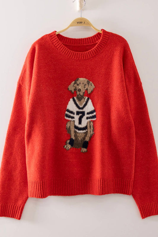 Football Dog Graphic Knit Sweater-Red
