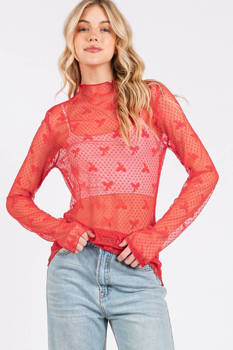 Bow Print Long Sleeve Lace Top- Red
