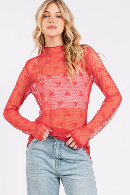 Bow Print Long Sleeve Lace Top- Red