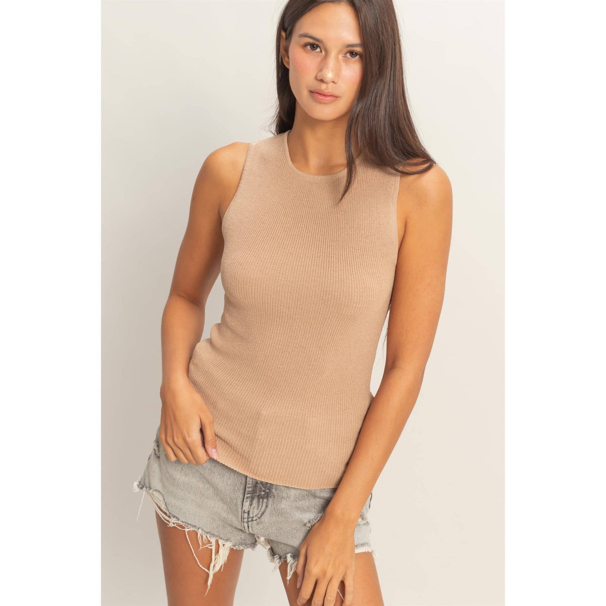 Ribbed Knit Tank Top- Dark Taupe