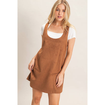 Sleeveless Suede Mini Dress-Camel
