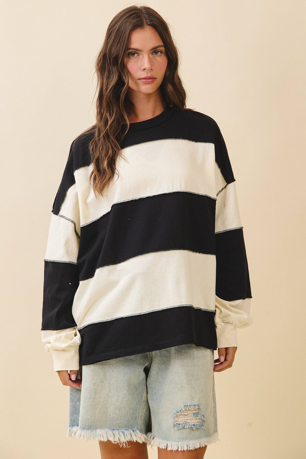 Oversized Color Block Long Sleeve Pullover- Black
