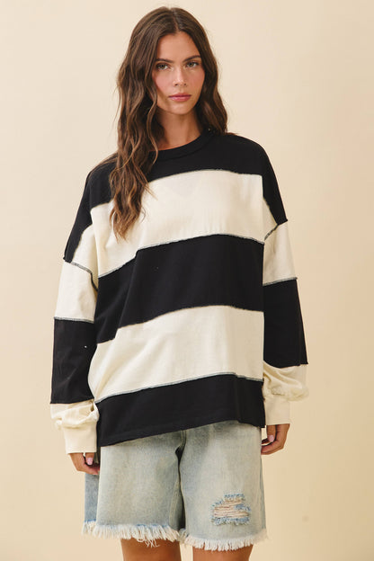 Oversized Color Block Long Sleeve Pullover- Black