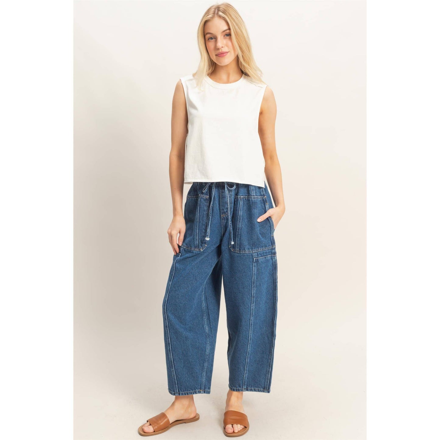 Wide Pants With Oversized Pockets- Dark Blue
