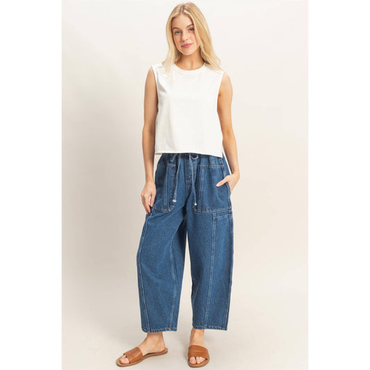 Wide Pants With Oversized Pockets- Dark Blue