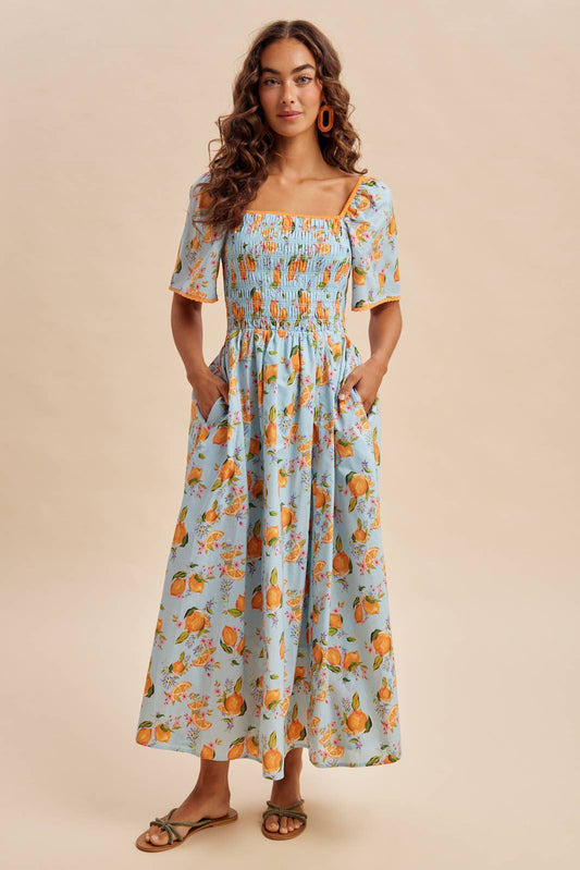 Valencia Orange Printed Cotton Dress