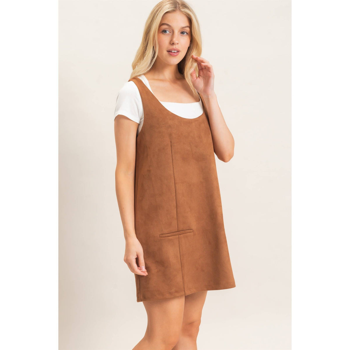 Sleeveless Suede Mini Dress-Camel