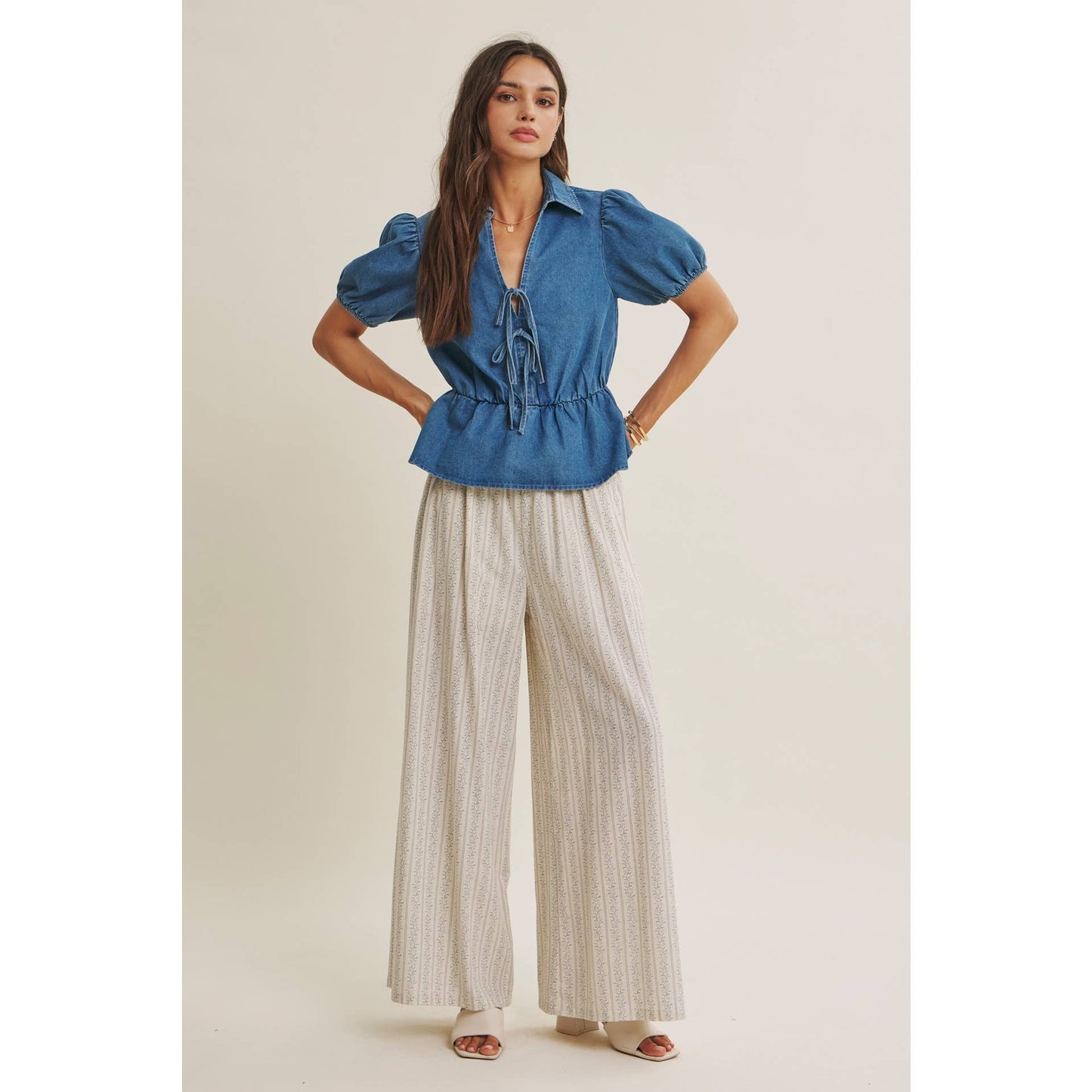 Chambray Denim Bow Blouse