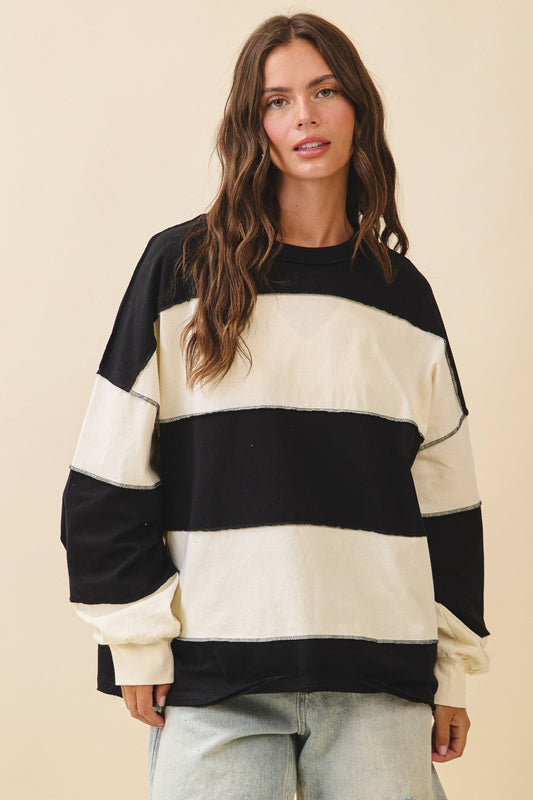 Oversized Color Block Long Sleeve Pullover- Black