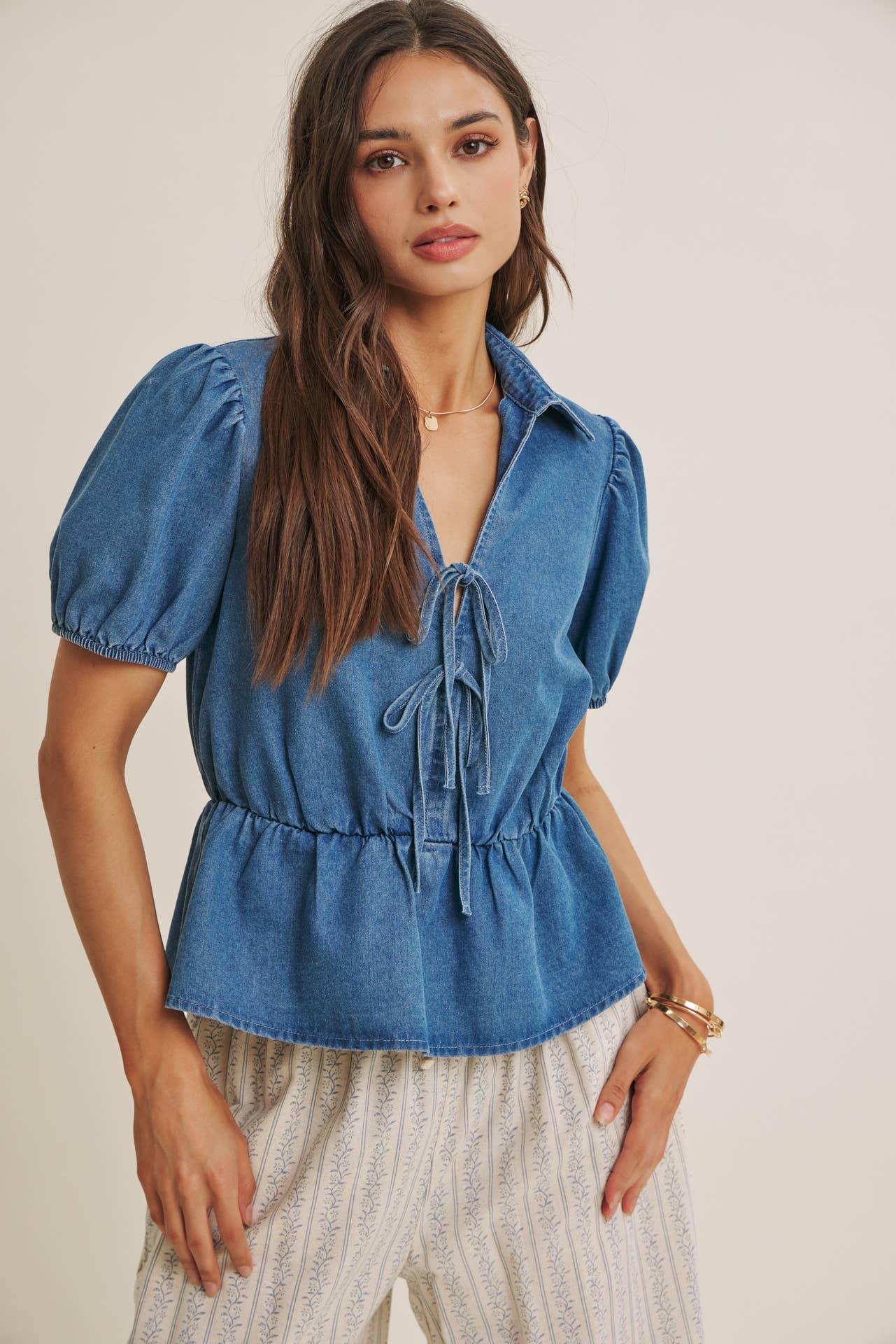 Chambray Denim Bow Blouse