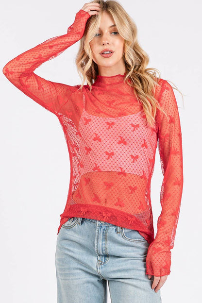 Bow Print Long Sleeve Lace Top- Red